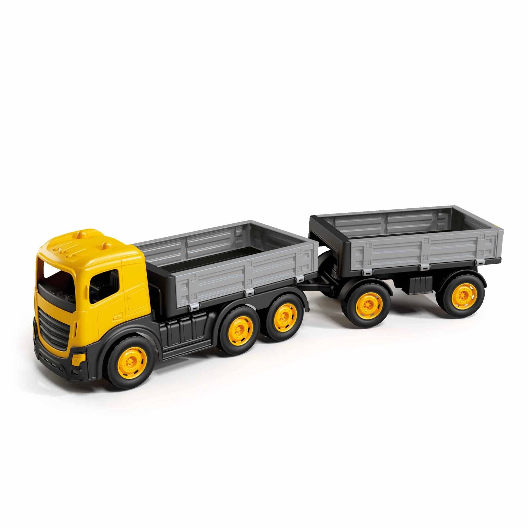 Teherautó platós utánfutóval